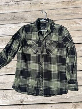 Fox Racing Olive Green and Black Plaid Button-Up Flannel Shirt